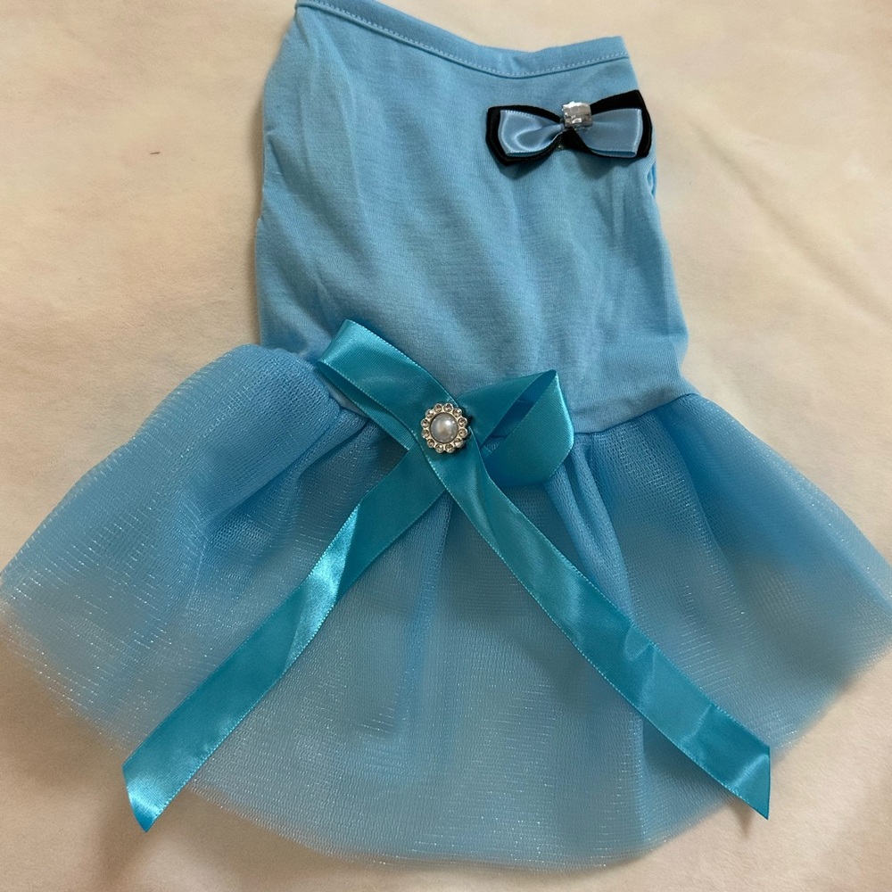 So This is Love- Blue Dog Dress with Embellished Bows and Tulle Skirt- Medium 🐾